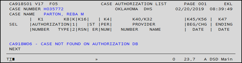 IMS window. Case number has been entered in blue and a message states that the case has not been found on authorization database also in blue at the bottom of the window