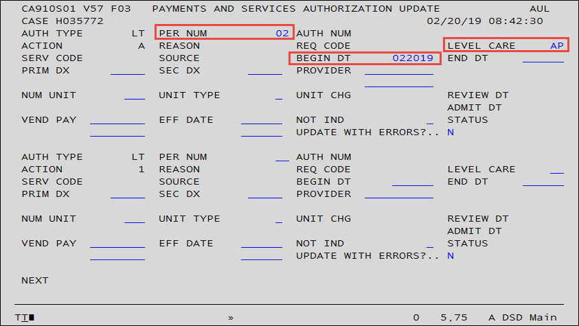 "Authorization Update Screen". "Person Number", "Level of Care" and "Begin / Change Date" fields are highlighted with red boxes. Information from the tutorial has been entered