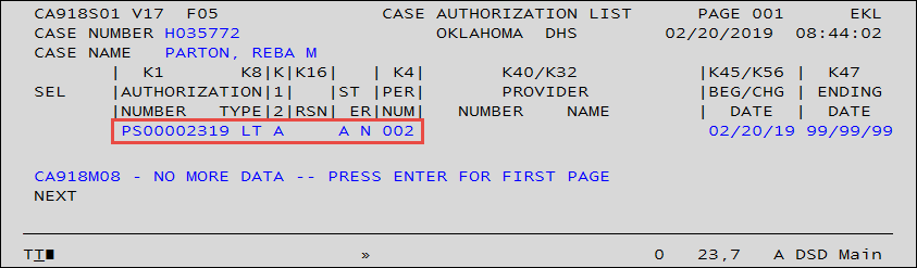 "EKL" screen shows the authorization number and the status in blue, marked by a red box.