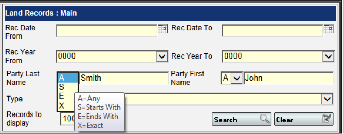 Land Records: Main - Search Fields