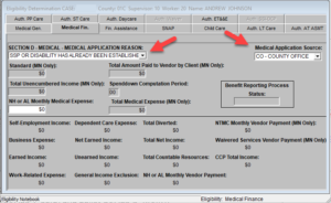Medical Fin. screen with red arrows pointing to Section D with "SSP or Disability has already been established" selected, and Medical Application Source with "CO - County Office" selected