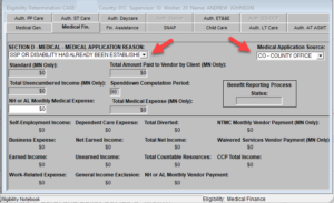 Medical Fin. screen with red arrows pointing to Section D with "SSP or Disability has already been established" selected, and Medical Application Source with "CO - County Office" selected