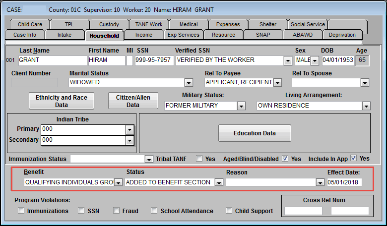 Household tab with 'Benefit', 'Status', 'Reason', and 'Effect Date:' highlighted