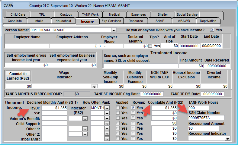Income tab with 'RSDI', 'Countable Amt (PS2)' and 'SSM Claim Number' indicated.
