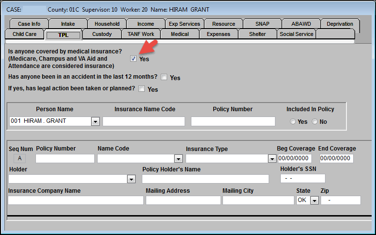 TPL tab with 'Is anyone covered by medical insurance?' checkbox indicated