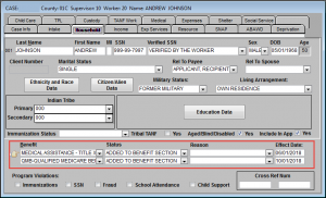 Household screen highlighting QMB and Medical Assistance - Title X marked as added to benefit section