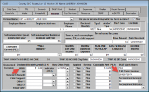 Income screen with red arrows pointing to RSDI and SSN Claim Number boxes