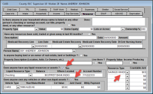 Resource screen with red arrows pointing to "Does anyone have any liquid resources or assets" and "Does anyone own any vehicles or other non-liquid assets" both checked "Yes," as well as the Resource Type box marked with "Savings Which..." and the amount of $63