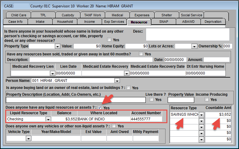 Resource tab with 'Does anyone have any liquid resources or assets?', 'Liquid Resource Type', 'Balance', 'Where Located', 'Account Number', 'Resource Type', and 'Countable Amt' indicated