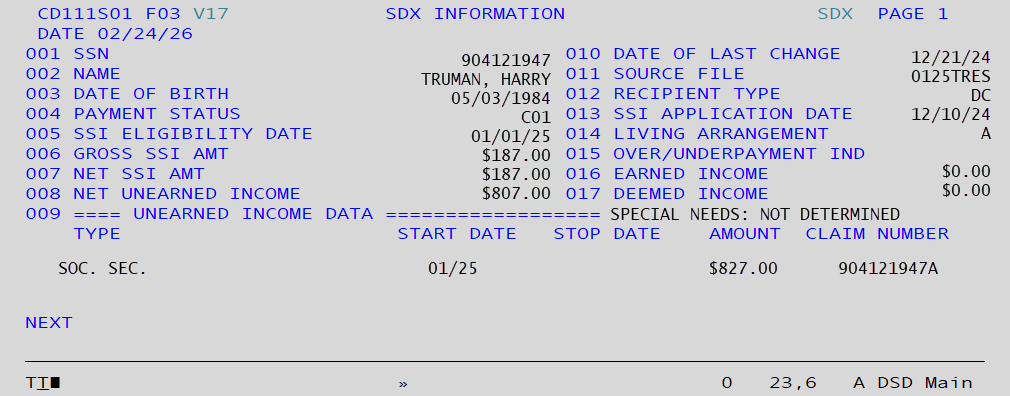 SDX Screen in IMS to display SSI income information.