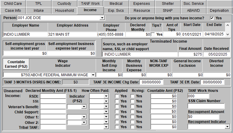 Income tab with Countable Income (MICAL) coded as $750