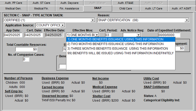 SNAP tab with One Month's Benefits Issuance in the Effective Months block
