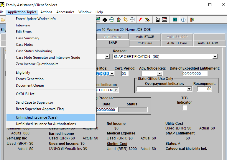 Applications topics open in menu bar with Unfinished Issuance selected