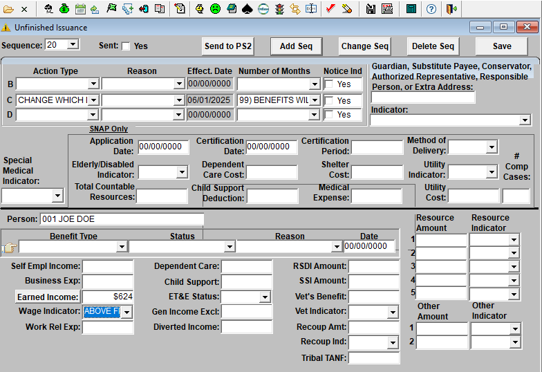 Unfinished Issuance screen with $624 entered in Earned Income box and Wage Indicator entered as "Above"
